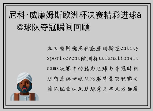 尼科·威廉姆斯欧洲杯决赛精彩进球助球队夺冠瞬间回顾