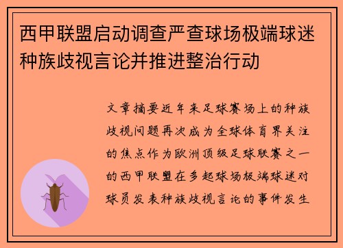 西甲联盟启动调查严查球场极端球迷种族歧视言论并推进整治行动 西甲联盟启动调查严查球场极端球迷种族歧视言论并推进整治行动
